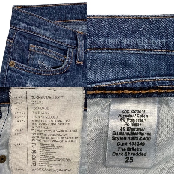 Current/Elliott The Stiletto Dark Shredded Distressed Mid Rise Ankle Jeans 25 - Picture 4 of 16